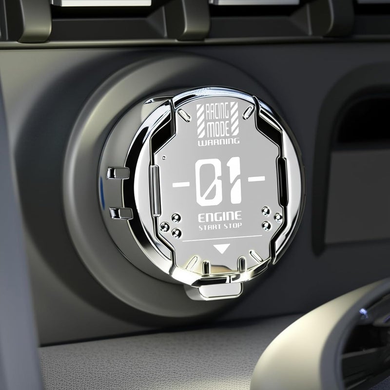 Tybasthe Original Push Start Button Cover, Metal Mecha Car Engine Start Stop Button Protector, Cool Car Accessories Interior Decor Sticker Decals Motorcycle Key Ignition Switch Cover, Silver - Image 1